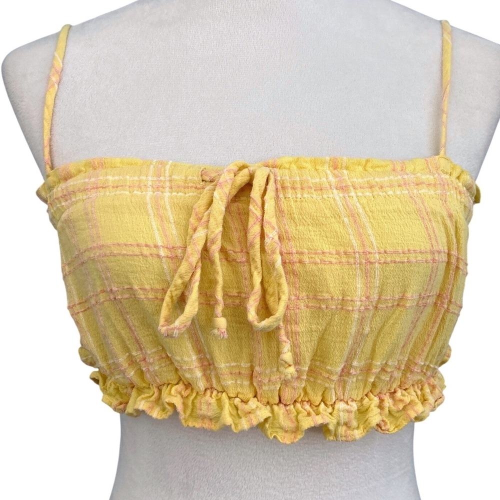 Urban Outfitters Yellow Pink Plaid Y2K Smocked Crop Top Tie‎ Front Ruffle Small